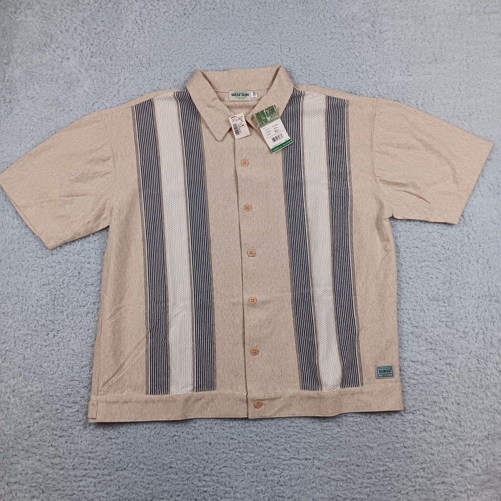 VTG Guess Button Down Shirt Mens XL Beige‎ Vertical Stripe Textured 5V480